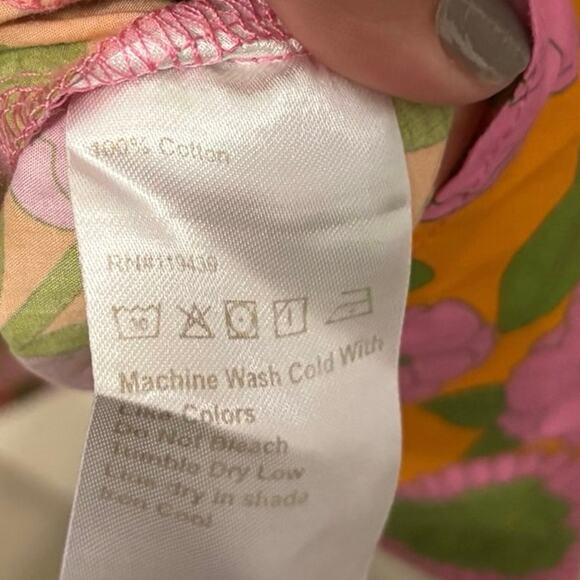 Flora Bea 100% Cotton Pink Orange Green Floral Ruffle Mini Dress Size Medium - Picture 7 of 7